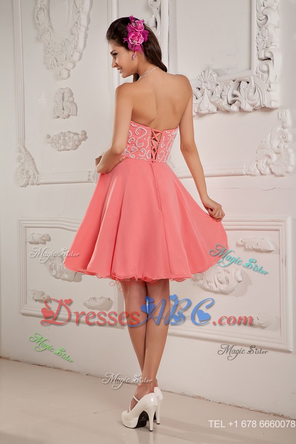 Watermelon Princess Sweetheart Mini-length Chiffon Beading Cocktail Dress