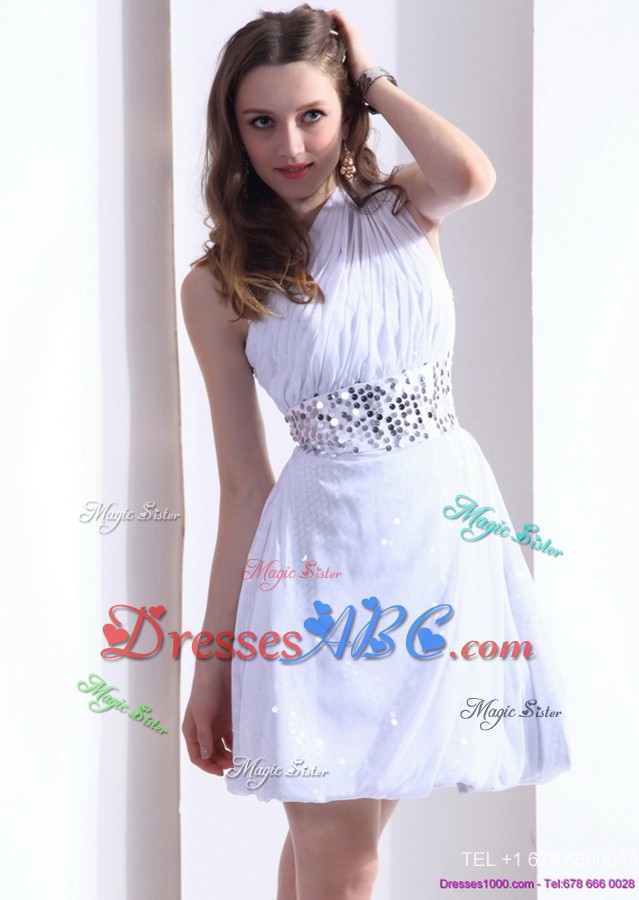 Discount One Shoulder White Prom Dress With Ruching And Sequins