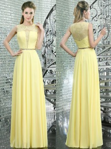 Simple Scoop Yellow Chiffon Prom Dress with Lace and Beading