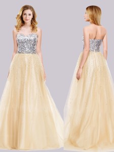 Best Selling A Line Tulle Champagne Prom Dress with Sequins