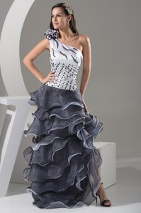 One Shoulder Prom Dress with Ruffle-layers and Handmade Flower