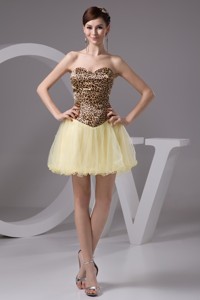 Beaded Mini Prom Dress In Leopard Print And Light Yellow