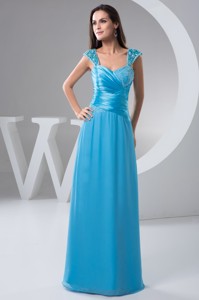 Straps Blue Floor-length Prom formal Dress with Ruches and Beading