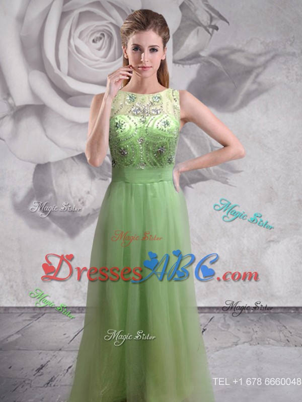 New Style Beaded Spring Green Long Prom Dress with Backless