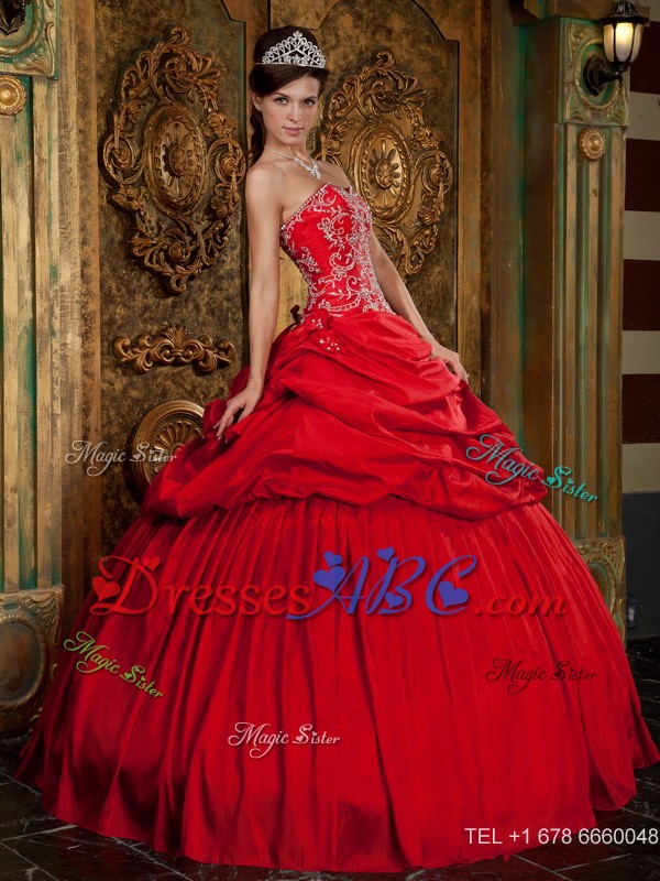 Red Ball Gown Sweetheart Floor-length Taffeta Beading and Appliques Quinceanera Dress 