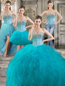 Modern Beaded Bodice And Ruffled Detachable Quinceanera Dress In Teal