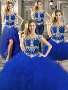 Gorgeous Off The Shoulder Royal Blue Detachable Quinceanera Dress With Beading And Ruffles