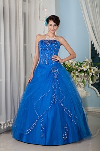 Blue Princess Strapsless Floor-length Tulle Quinceanera Dress