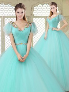 Exquisite V Neck Mint Sweet 16 Dress With Appliques