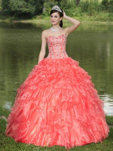 Orange Red Quinceanera Dress Clearance With Sweetheart Beaded Ruffles Layered Decorate Organza