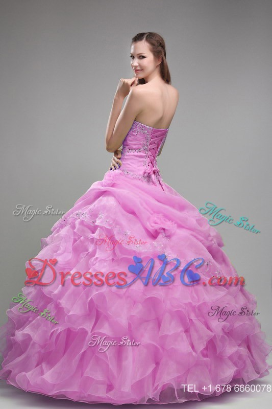 Rose Pink Ball Gown Strapless Floor-length Orangza Beading and Ruffles Quinceanera Dress