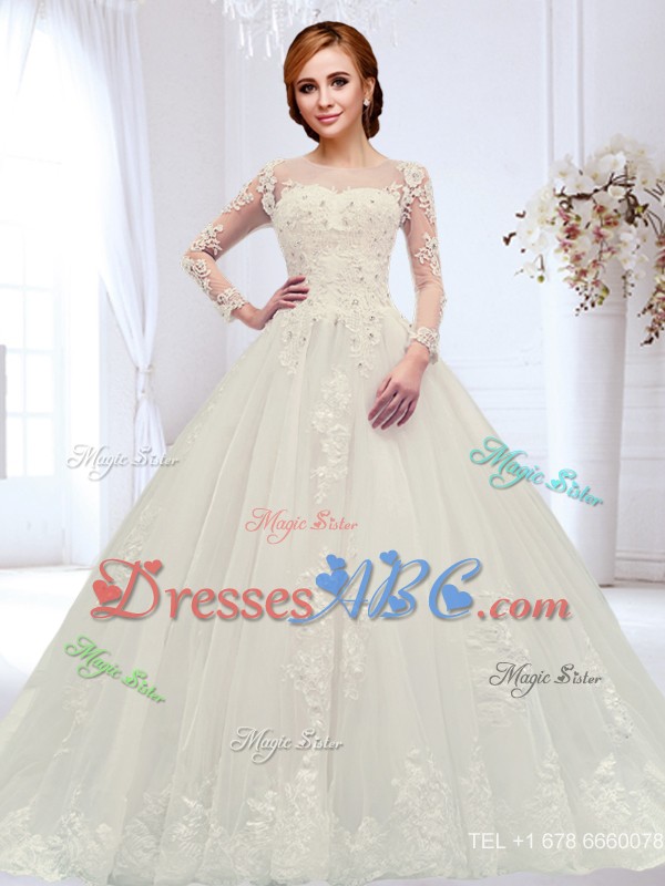 Affordable See Through Zipper Up Beaded Wedding Dress with Court Train 