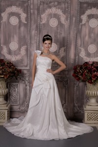Luxurious One Shoulder Court Train Elastic Woven Satin Appliques Wedding Dress