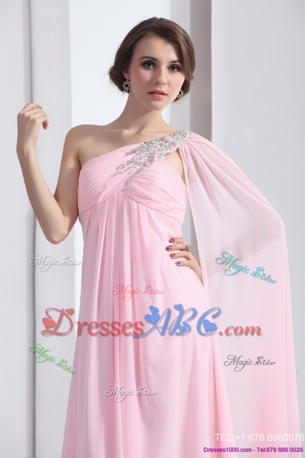 Perfect One Shoulder Baby Pink Prom Dress With Ruching And Beading
