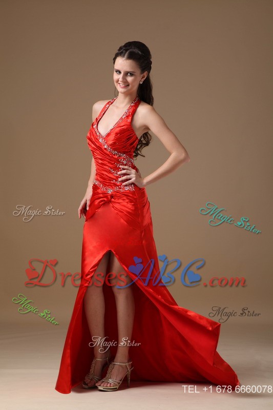 Red Column Halter Brush Train Taffeta Beading Prom Dress