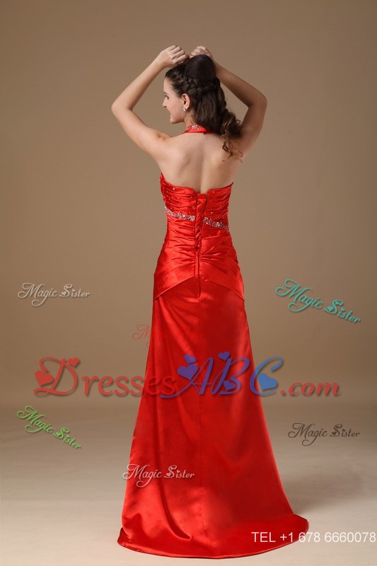 Red Column Halter Brush Train Taffeta Beading Prom Dress