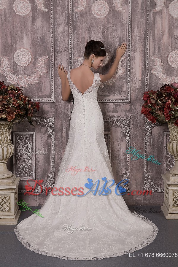 Gorgeous Column V-neck Court Train Lace Sash Wedding Dress 