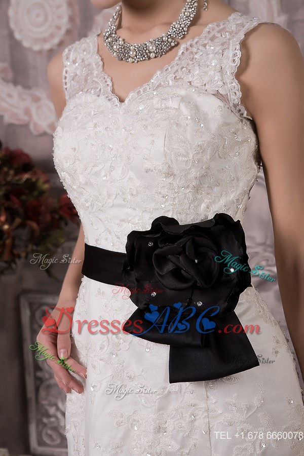 Gorgeous Column V-neck Court Train Lace Sash Wedding Dress 