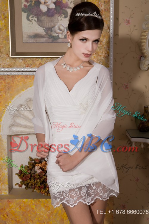 Custom Made Column V-neck Mini-length Chiffon Appliques and Lace Wedding Dress 