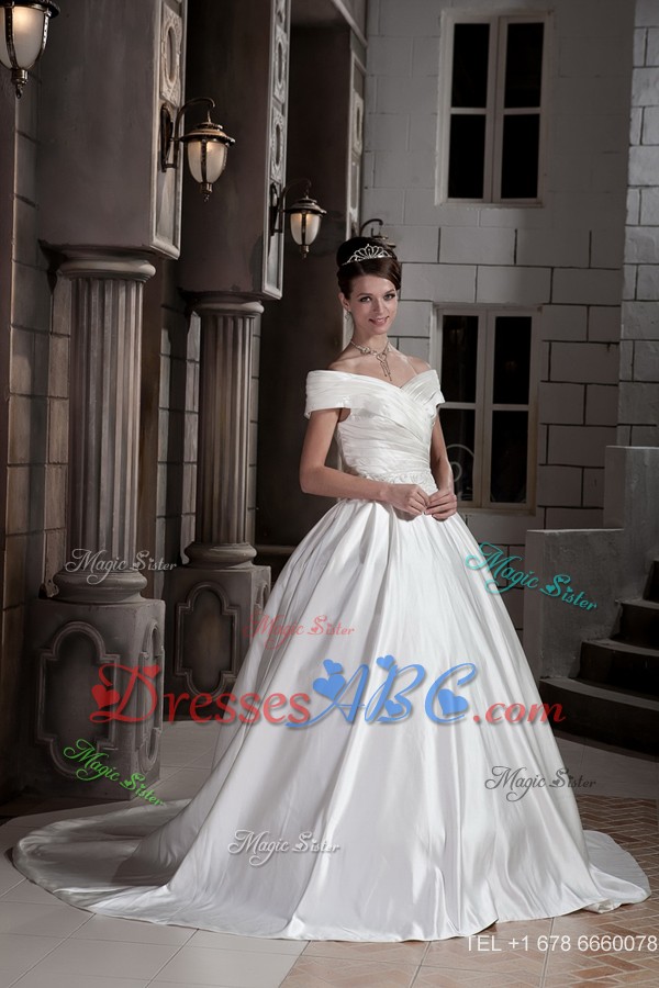 New Princess Off The Shoulder Court Train Satin Ruch Wedding Dress