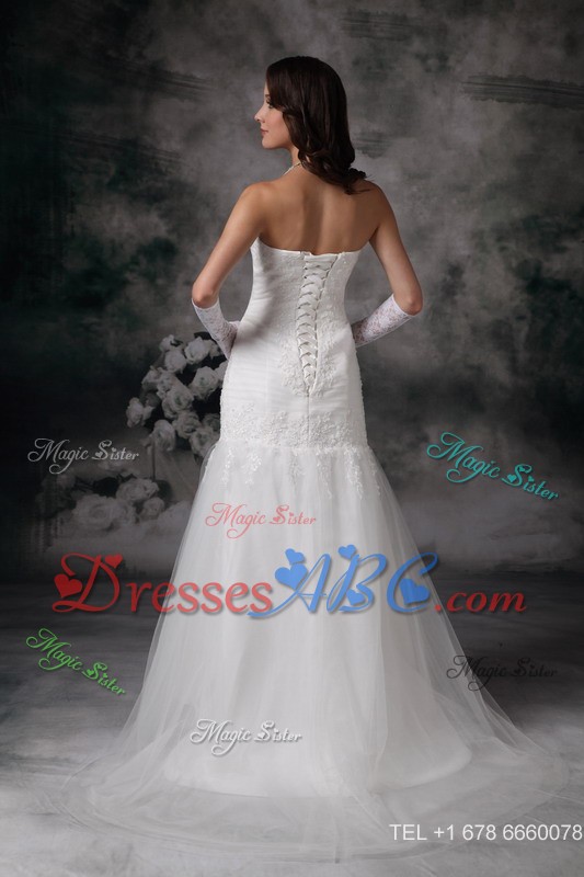 Perfect Mermaid Strapless Brush Train Tulle Lace Wedding Dress 