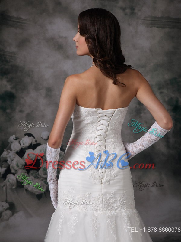 Perfect Mermaid Strapless Brush Train Tulle Lace Wedding Dress 