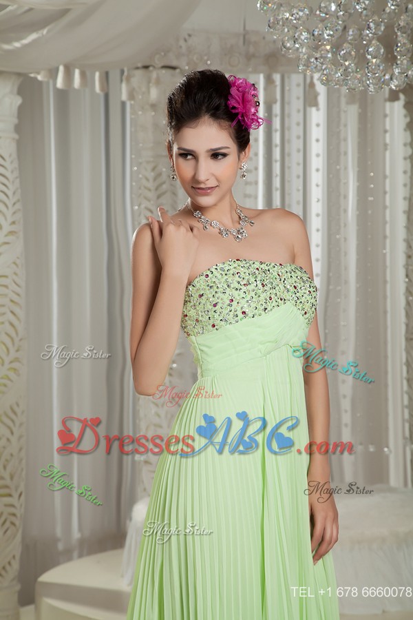 Custom Made Yellow Green Prom Dress Empire Strapless Beading Brush Train Chiffon