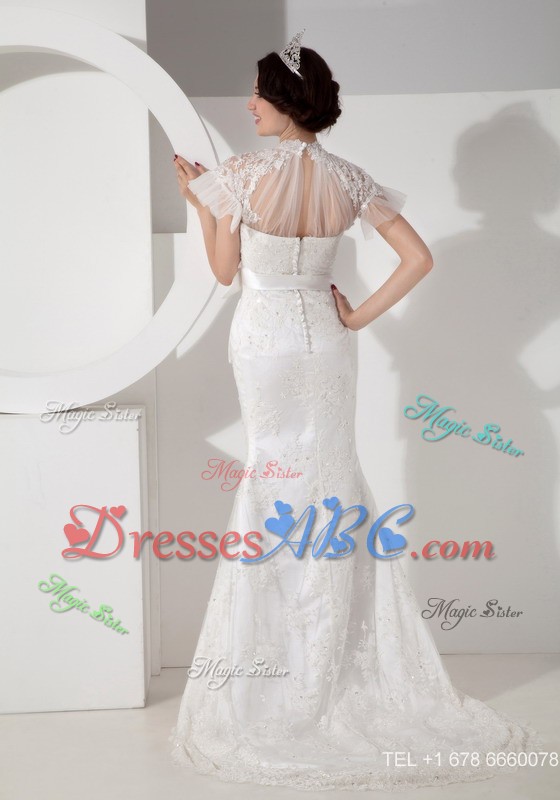 Fashionable Column High-neck Brush Train Satin Lace and Sash Wedding Dress 