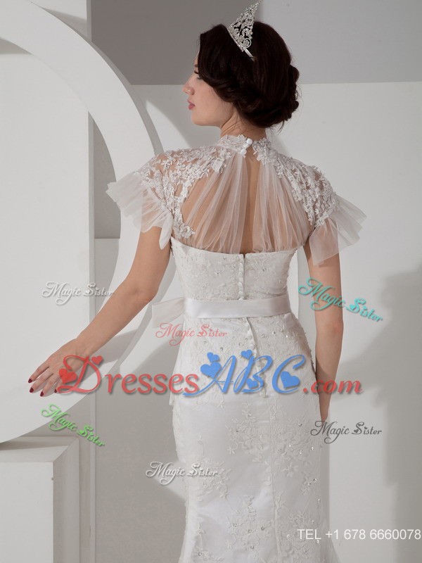 Fashionable Column High-neck Brush Train Satin Lace and Sash Wedding Dress 