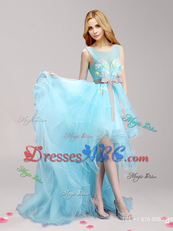 See Through Scoop High Low Prom Dress with Appliques and Bowknot