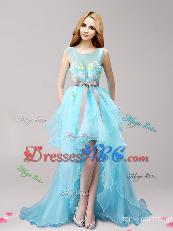 See Through Scoop High Low Prom Dress with Appliques and Bowknot