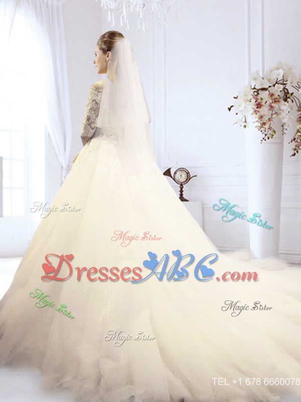 Gorgeous Half Sleeves Off the Shoulder Wedding Dress with Court Train 