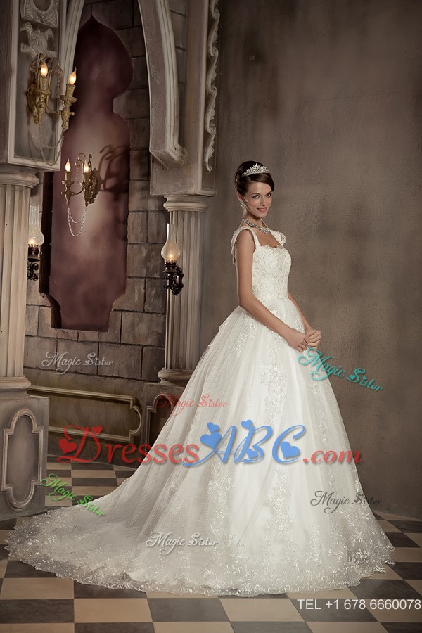 Modest Ball Gown Square Chapel Train Lace Wedding Dress 