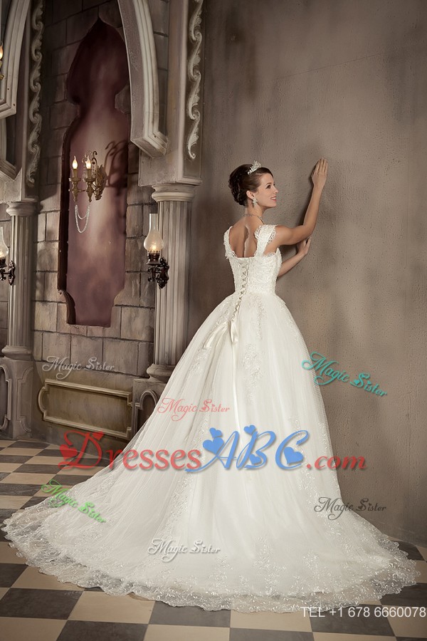 Modest Ball Gown Square Chapel Train Lace Wedding Dress 