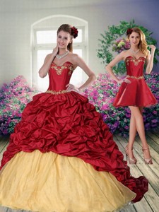 Pretty Sweetheart Wine Red Brush Train Quinceanera Dress With Embroidery And Pick Ups