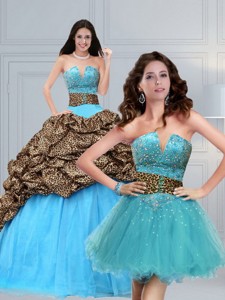 Leopard Printed Baby Blue Brush Train Beading Quinceanera Dress