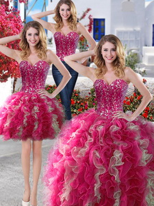 Visible Boning Beaded Bodice And Ruffled Detachable Quinceanera Dress In Hot Pink And Champagne