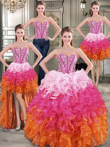 Visible Boning Beaded Bodice And Ruffled Detachable Quinceanera Dress In Rainbow