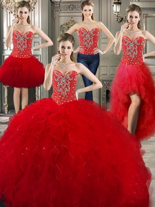 Romantic Tulle Red Detachable Sweet 16 Dress With Beading And Ruffles
