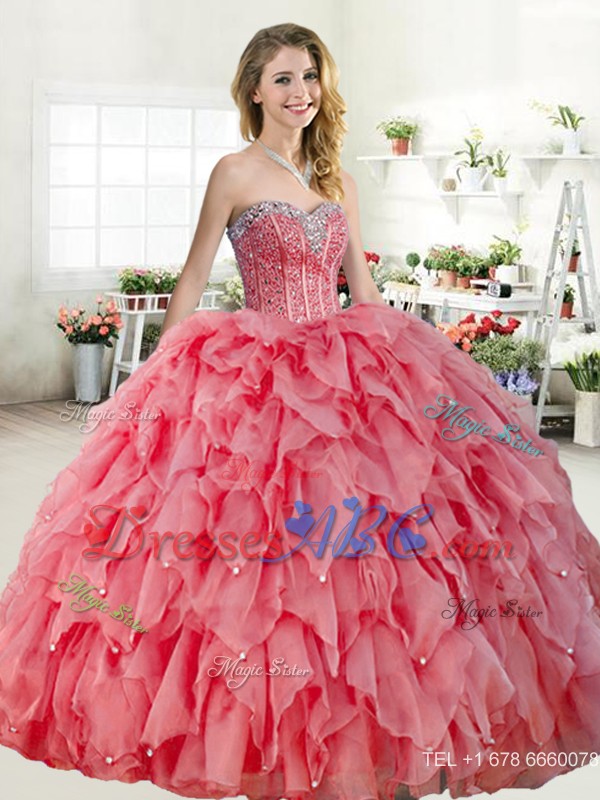 Discount Coral Red Quinceanera Dress with Beading and Ruffles