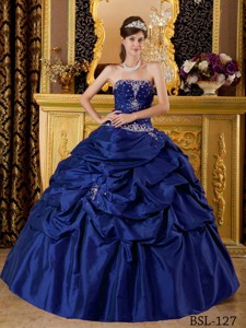 Dark Blue Ball Gown Strapless Floor-length Taffeta Appliques Quinceanera Dress