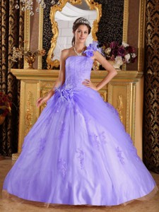 Lilac Ball Gown One Shoulder Floor-length Appliques Tulle Quinceanera Dress