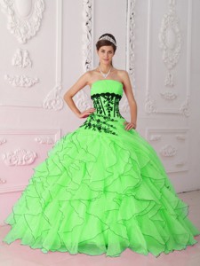 Spring Green Strapless Appliques and Ruffles Quinceanera Dress