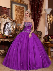 Eggplant Purple Ball Gown Strapless Floor-length Taffeta and Tulle Appliques Quinceanera Dress