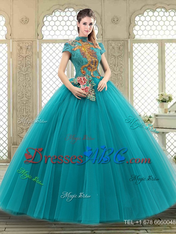 Luxurious High Neck Appliques Sweet 16 Dress With Short Sleeves