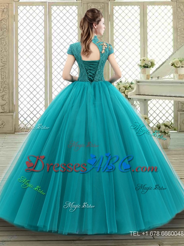 Luxurious High Neck Appliques Sweet 16 Dress With Short Sleeves