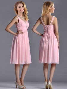 Lovely Empire V Neck Baby Pink Short Bridesmaid Dress With Beading