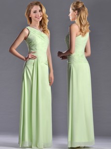 Pretty One Shoulder Side Zipper Yellow Green Bridesmaid Dress With Ruching