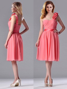 Popular Watermelon Bridesmaid Dress With Hand Made Flowers Decorated One Shoulder