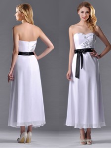 Popular Tea Length White Bridesmaid Dress With Appliques And Belt